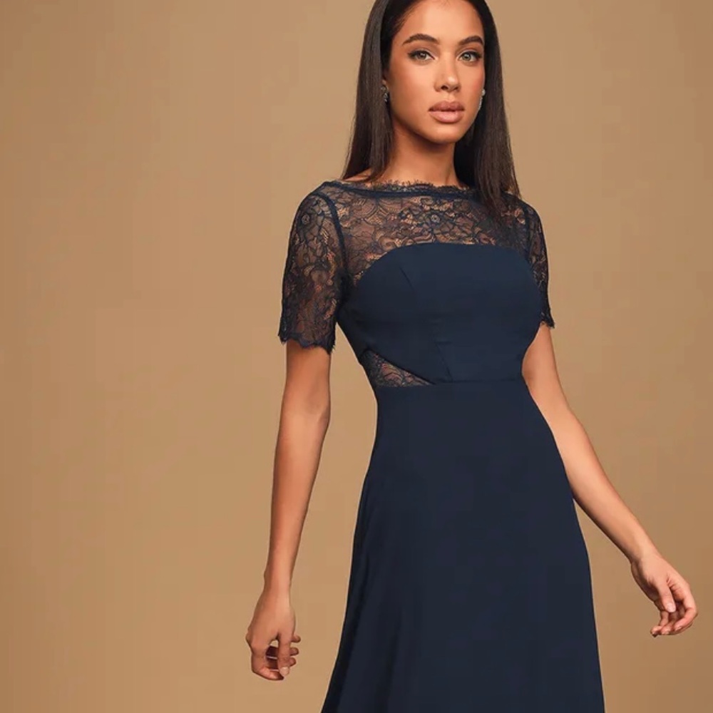 NWT! Lulus Waiting for Love Navy and Lace Maxi Dress